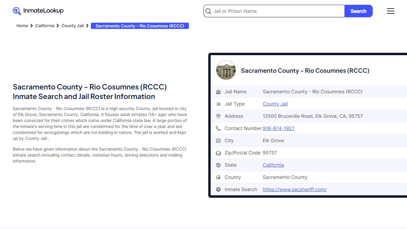 Sacramento County - Rio Cosumnes (RCCC) Inmate Search, Jail Roster ...